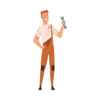 Cheerful Male Worker with Ppe Wrench in his Hand, Plumber Character in Overalls and Cap Illustration on White Background vector