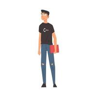 Young Handsome Man in Casual Clothes Standing with Laptop in His Hands, Computer Programmer Character Illustration vector
