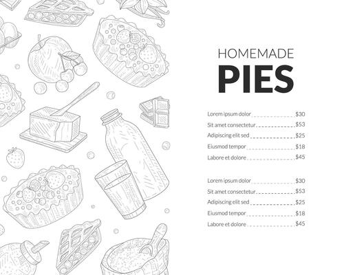 Homemade Pies Menu Template, Bakery and Pastry Shop, Restaurants and Cafes Menu Illustration