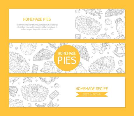 Homemade Pie Banner Templates Set, Card, Poster, Brochure, Restaurant or Cafe Menu, Recipe Book Design Element Illustration