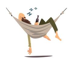 Drunk Pirate Sleeping in a Hammock with a Bottle of Rum Illustration vector