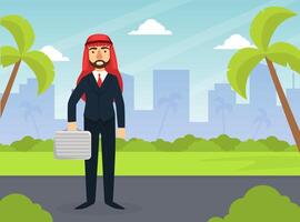 Arab Businessman Standing with Briefcase on Background of Cityscape with Skyscrapers Flat Illustration vector