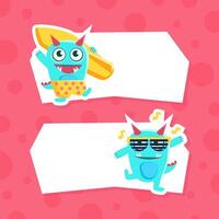 Cute Funny Monsters with Place for Your Text, Funny Monsters Characters Standing in front of Blank Banners Cartoon Illustration vector