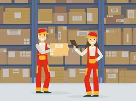Warehouse Indoor Space with Goods on Shelf and Professional Workers in Uniform, Storage, Distribution and Delivery Service Flat Illustration vector