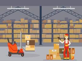 Warehouse Indoor Space with Goods on Shelf, Professional Workers in Uniform and Forklift Car, Storage, Distribution and Delivery Service Flat Illustration vector
