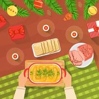 Top View of New Year and Christmas Table, Hands Serving Festive Dinner Table Flat Illustration vector