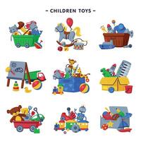 Boxes of Children Toys Set, Various Objects for Kids Game, Development and Entertainment Cartoon Illustration vector
