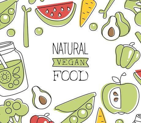 Natural Vegan Food Banner Template, Element Can be Used for Organic Food Store, Vegan Products, Farm Market, Restaurant or Cafe Menu Hand Drawn Illustration