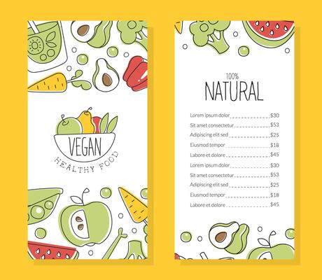 Vegan Healthy Food Menu Template, Natural Organic Dishes, Restaurant, Cafe Menu Design Element Illustration