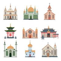 Religious Buildings Collection, Different Churches and Temples Facades, Ancient Architectural Constructions Illustration vector