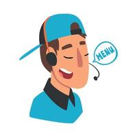 Food Online Order and Delivery Service, Cheerful Male Call Center Operator in Headset Accepting Order from Client Cartoon Style Illustration vector