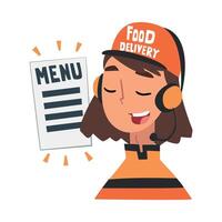 Food Express Delivery Service, Cheerful Girl Call Center Operator in Headset Accepting Order from Client Cartoon Style Illustration vector