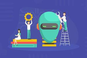 Tiny IT Professionals Creating Robot, Scientists Characters Conducting Scientifical Research in Laboratory Illustration vector