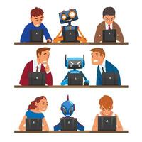 Humans vs Robots Set, People and Androids Working Hard Together with Laptop Computers, Professional Managers and Cyborgs Sitting in front of Computers Illustration vector