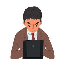 Stressed Sweaty Male Manager Sitting in front of Computer, Man Working Hard with Laptop Illustration on White Background vector