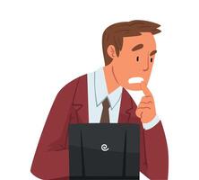 Stressed Male Manager Sitting in front of Computer, Thoughtful Businessman Working with Laptop Illustration on White Background. vector