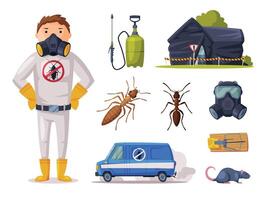 Home Pest Service, Exterminator Wearing Protection Uniform with Detecting, Exterminating and Protecting Equipment Illustration vector