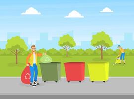 Man Volunteer Collecting and Sorting Waste for Recycling, Concept Illustration vector