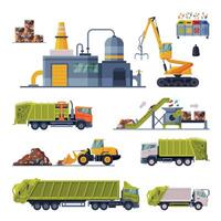 Industrial Garbage Recycling Set, Waste Processing Factory, Garbage Truck, Garbage Collection, Transportation, Separation and Recycling Flat Illustration vector