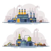 Industrial Buildings Set, Waste Processing Factories, Recycling of Garbage for further Disposal Flat Illustration vector