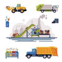 Garbage Disposal Set, Waste Collection, Transportation Sorting and Recycling Flat Style Illustration vector