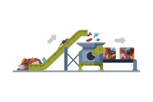 Waste Sorting and Separating Plant with Conveyor Line Flat Style Illustration on White Background vector