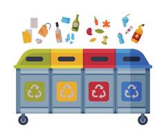 Waste Sorting, Different Trash Bins with Sorted Garbage, Paper, Glass, Organic, Plastic Kinds of Trash Flat Style Illustration on White Background vector