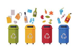 Waste Sorting, Set of Different Colorful Trash Bins with Sorted Garbage, Paper, Glass, Organic, Plastic Kinds of Trash Flat Style Illustration vector