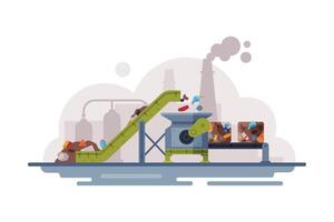 Garbage Recycling Technological Process, Waste Sorting Plant with Conveyor Line Flat Style Illustration vector
