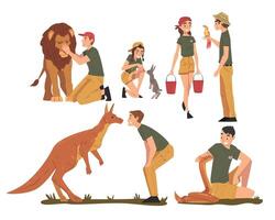 Professional Zoo Workers Caring of Wild Animals in Zoo, Male and Female Veterinarian or Zookeeper Characters in Uniform Cartoon Style Illustration vector