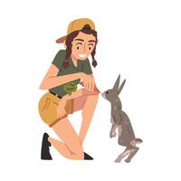 Female Zoo Worker Feeding Rabbit with Fresh Carrot, Veterinarian or Professional Zookeeper Character Caring of Wild Animals in Zoo Cartoon Illustration vector