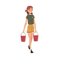 Female Zoo Worker Carrying Two Buckets of Water, Volunteer or Zookeeper Character in Uniform Caring of Wild Animals in Zoo Cartoon Illustration vector
