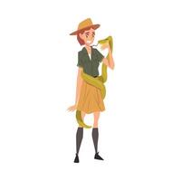 Smiling Female Zoo Worker with Snake, Veterinarian or Professional Zookeeper Character Caring of Wild Animals in Zoo Cartoon Illustration vector