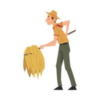 Male Zoo Worker Carrying Hay with Pitchfork, Veterinarian or Professional Zookeeper Character in Uniform Caring of Wild Animals in Zoo Cartoon Illustration vector