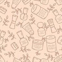 Doodle cosmetic jars with labels and leaves seamless pattern on grid distorted background. Perfect print for label, sale, card, textile. Hand drawn illustration. vector