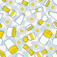 Groovy seamless pattern with cosmetic jars and camomile flowers on checkered background. Perfect print for label, sale, card, textile. Hand drawn illustration. vector
