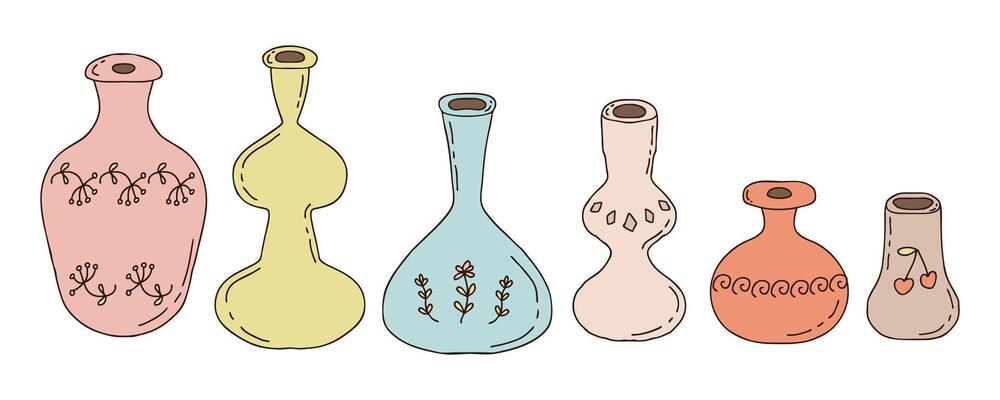 Ceramic vases clipart set. Cartoon different flat design style collection. Hand drawn doodle illustration isolated on white background.