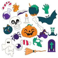Collection of creepy and quirky pumpkin characters in hand drawn style, perfect for Halloween projects. Ideal for stickers, prints, party invitations, packaging, and spooky design themes. vector