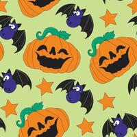 This seamless Halloween pattern features cute jack-o'-lanterns and flying bats, ideal for festive wrapping paper, textiles, party designs, or spooky seasonal backgrounds for October and autumn themes. vector