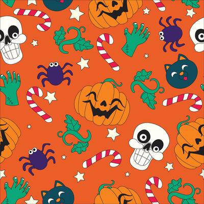 Hand drawn Halloween seamless pattern on vibrant orange background. Features pumpkins, ghosts, bats, skulls, and spooky icons. Perfect for seasonal designs, wrapping paper, and party decor.