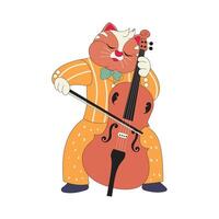 Charming flat or lowbrow style illustration of a cute cat dressed formally and playing a cello. Perfect for childrens content, musical animals, and whimsical designs with joyful character themes vector
