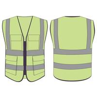 Flat or lowbrow art style illustration showing front and back views of a reflective safety vest. Ideal for designs related to safety, uniforms, industrial workers, and protective gear. vector