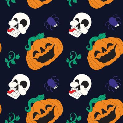 A seamless Halloween pattern with jack-o'-lanterns, creepy skulls, and spooky spiders. Perfect for seasonal backgrounds, packaging, and festive decorations in a scary hand-drawn style.