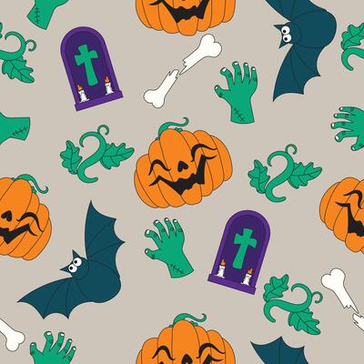 Halloween seamless pattern in hand drawn cartoon style. Includes spooky icons like ghosts, pumpkins, bats, skulls, and witches. Great for wrapping paper, textiles, party decor, and backgrounds.