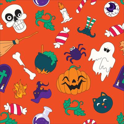 A spooky seamless Halloween pattern with orange background in hand drawn lowbrow style. Includes ghosts, pumpkins, bats, skulls, and more. Perfect for fabric, packaging, and seasonal design.