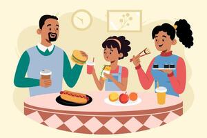Happy family enjoying various meals together in a flat illustration. Perfect for food, lifestyle, and family themes in web, app, or editorial designs. vector