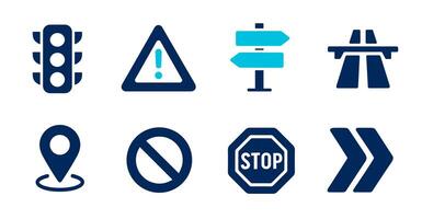 Collection of Essential Traffic and Navigation Icons Traffic Light, Warning Sign, Direction vector