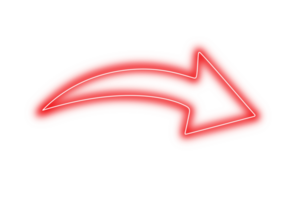 Red neon glowing arrow curved direction pointer symbol and modern light sign on transparent background png