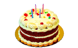 Celebrate Special Birthday with a Chocolate and Cream Frosted Multi-layer Cake Decorated with Candies and Candles png