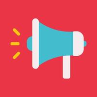 flat concept with blue megaphone as symbol of Public protest or news announcement on red background. Square composition with sloudspeaker is icon to design ad. Clipart sport collection vector